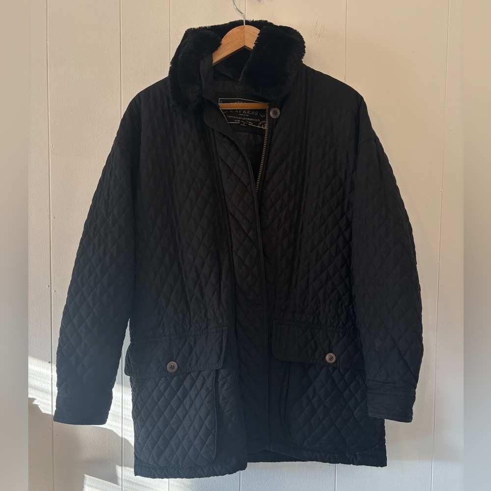 Vintage Express Barn/Chore Jacket Black Quilted Fur Trim Pockets Women’s XS